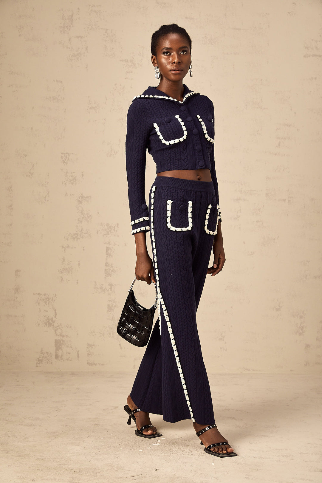 Levoire | Veste En Tricot En Crochet Marine Et Pantalon Ensemble Assorti