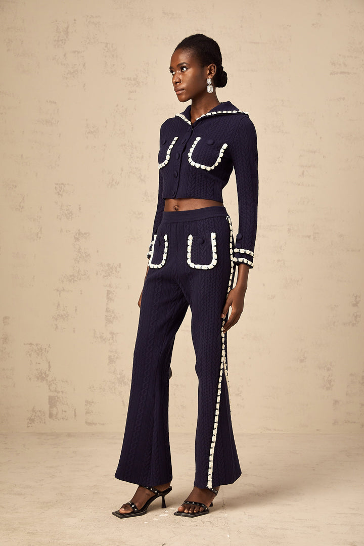 Levoire | Veste En Tricot En Crochet Marine Et Pantalon Ensemble Assorti