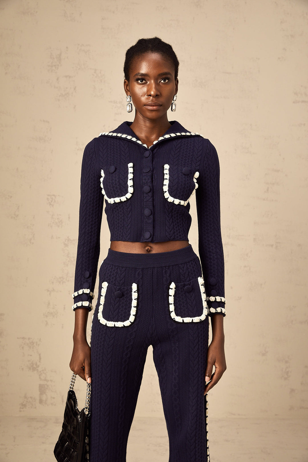Levoire | Veste En Tricot En Crochet Marine Et Pantalon Ensemble Assorti