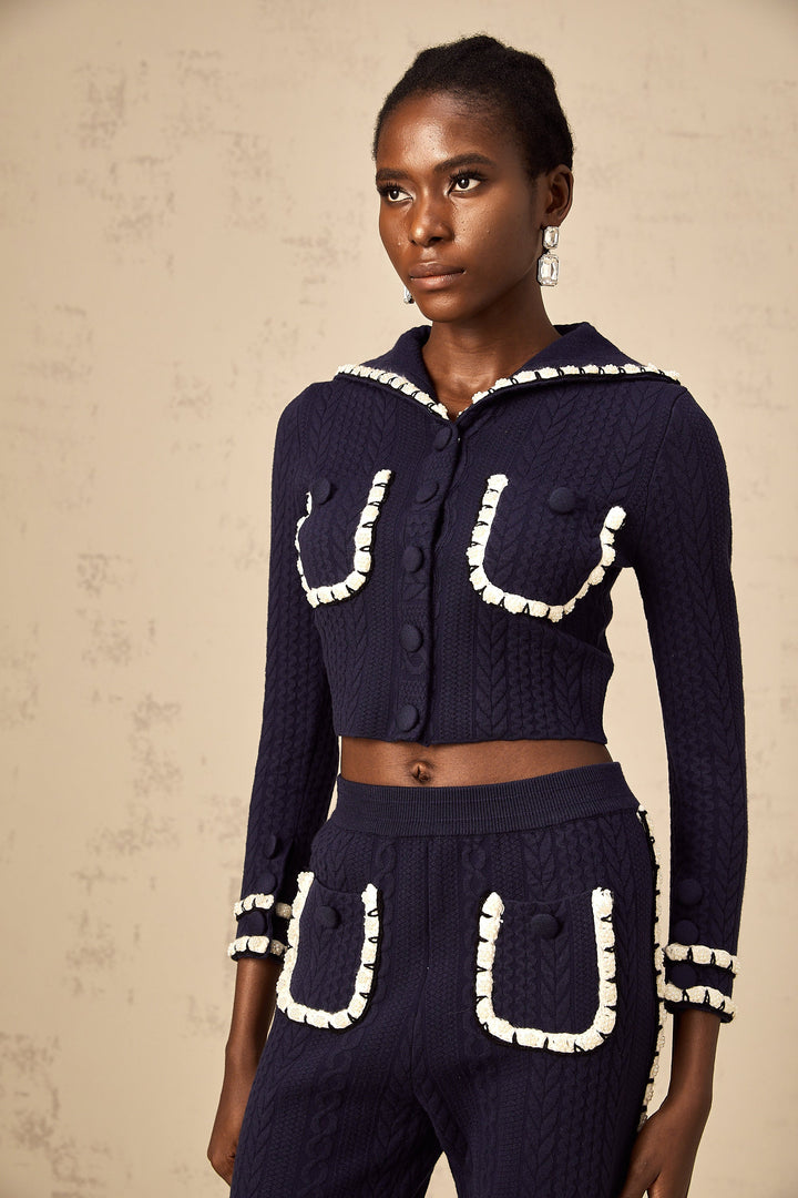 Levoire | Veste En Tricot En Crochet Marine Et Pantalon Ensemble Assorti