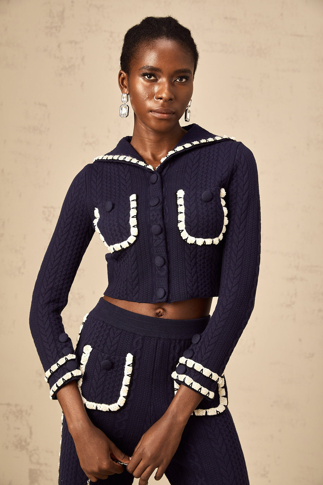 Levoire | Veste En Tricot En Crochet Marine Et Pantalon Ensemble Assorti