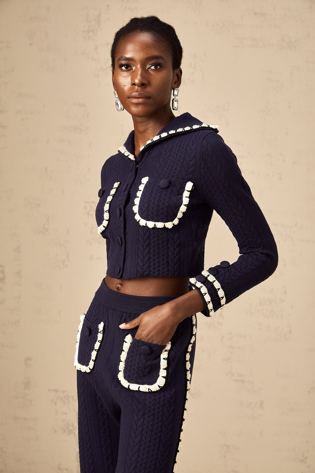 Levoire | Veste En Tricot En Crochet Marine Et Pantalon Ensemble Assorti