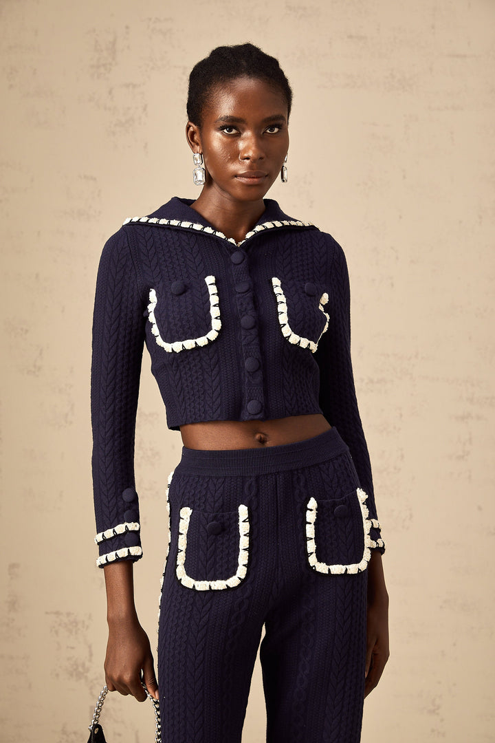 Levoire | Veste En Tricot En Crochet Marine Et Pantalon Ensemble Assorti