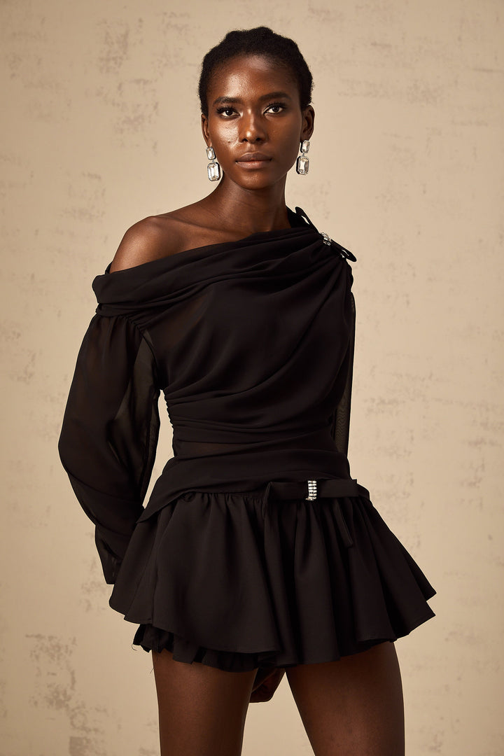 Levoire | Blouse Et Jupe En Tulle Asymétrique Ensemble Coordonné Noir