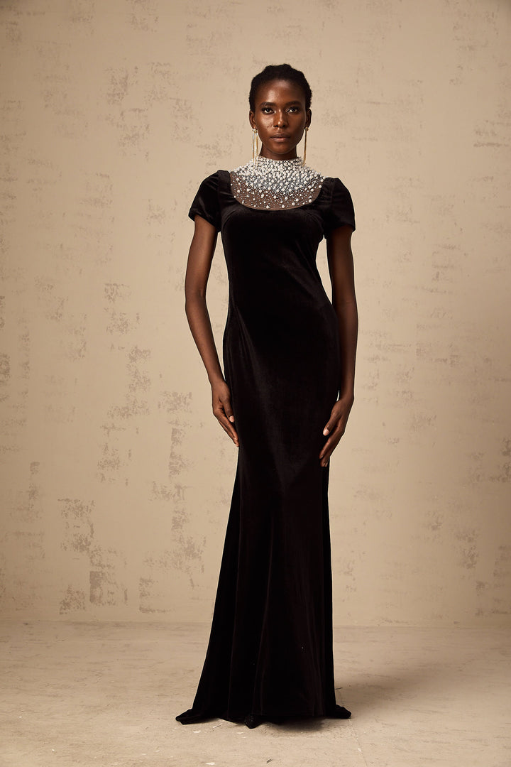 Levoire | Noir Faux Perles Décoré Velours Maxi Robe