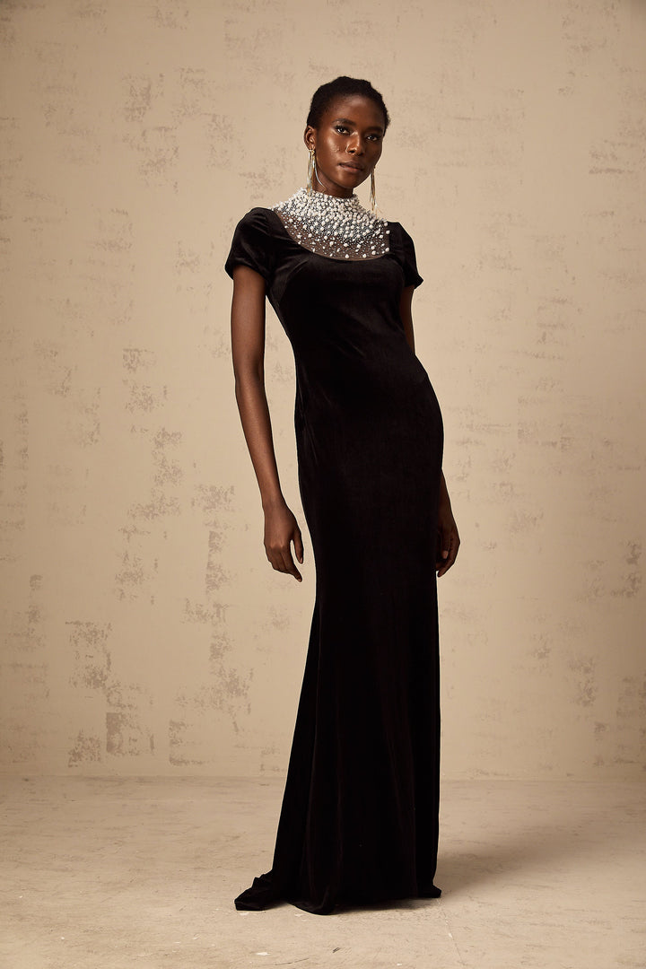 Levoire | Noir Faux Perles Décoré Velours Maxi Robe
