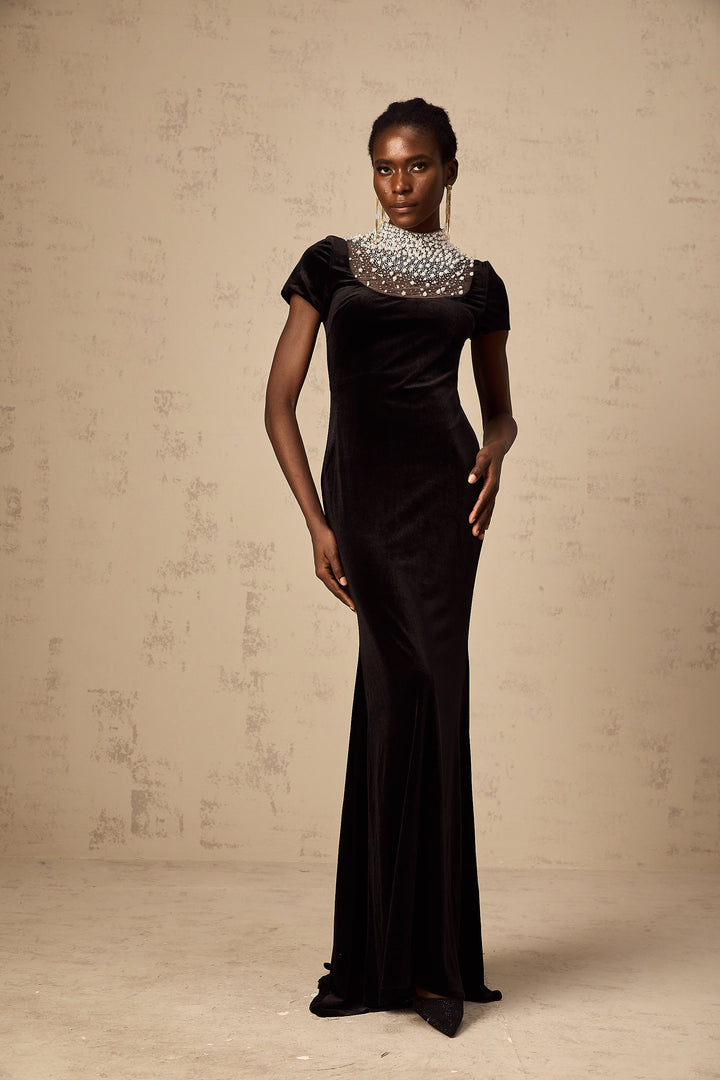 Levoire | Noir Faux Perles Décoré Velours Maxi Robe