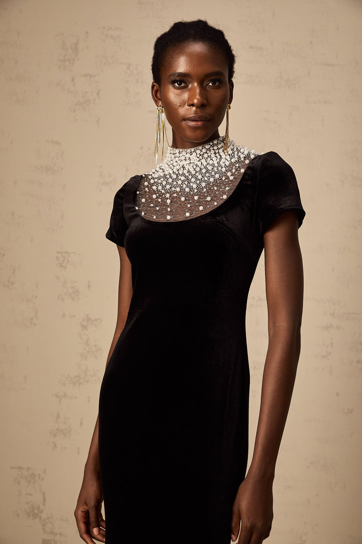 Levoire | Noir Faux Perles Décoré Velours Maxi Robe