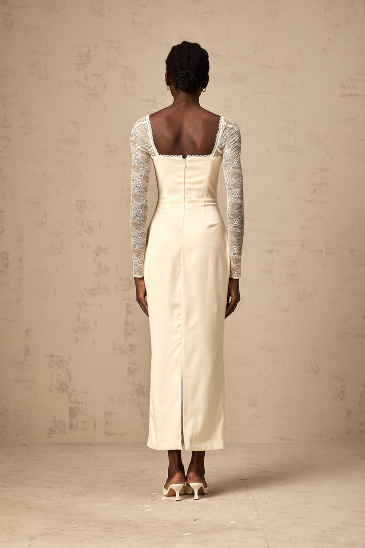 Levoire | Robe Midi En Satin Blanc Avec Panneaux En Dentelle
