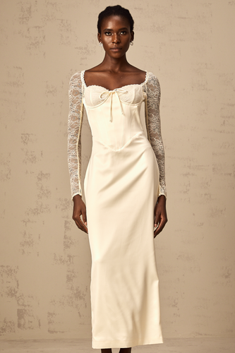 Levoire | Robe Midi En Satin Blanc Avec Panneaux En Dentelle