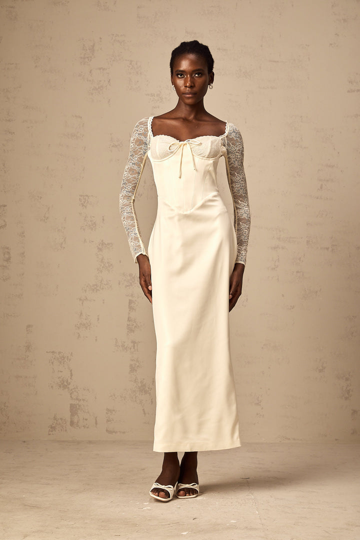 Levoire | Robe Midi En Satin Blanc Avec Panneaux En Dentelle