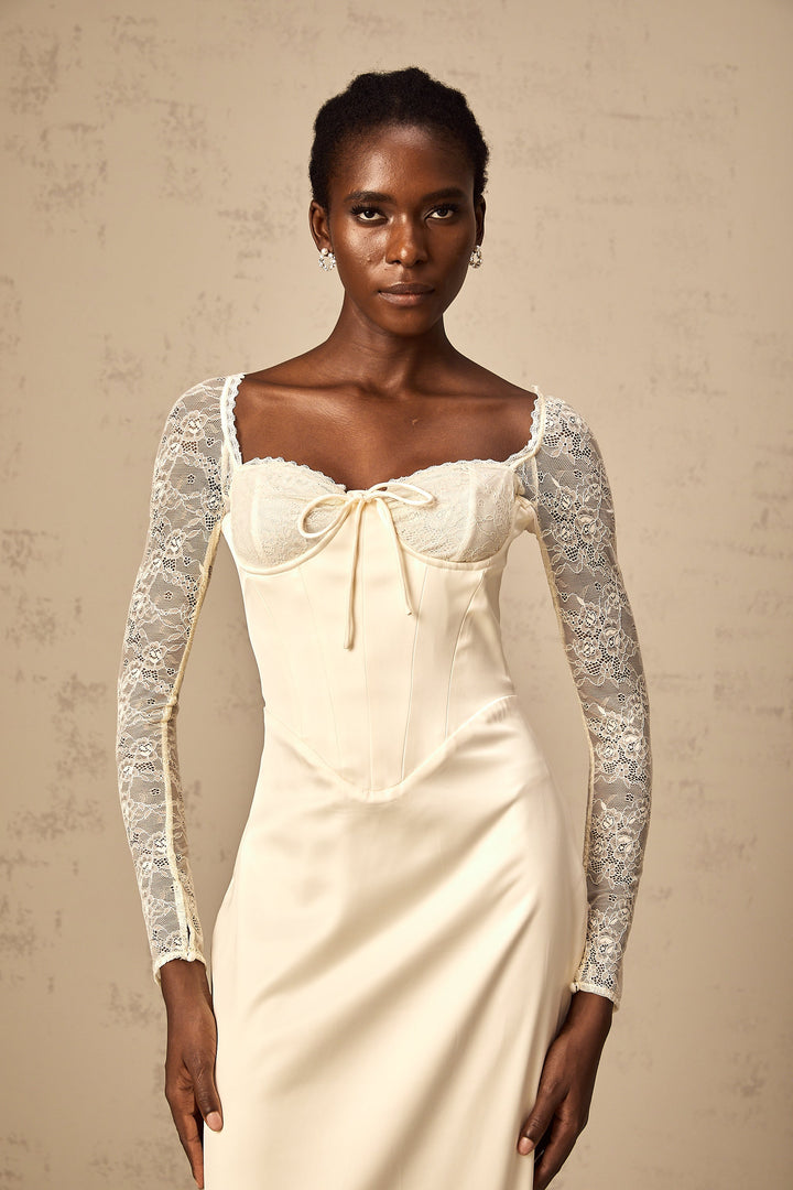 Levoire | Robe Midi En Satin Blanc Avec Panneaux En Dentelle