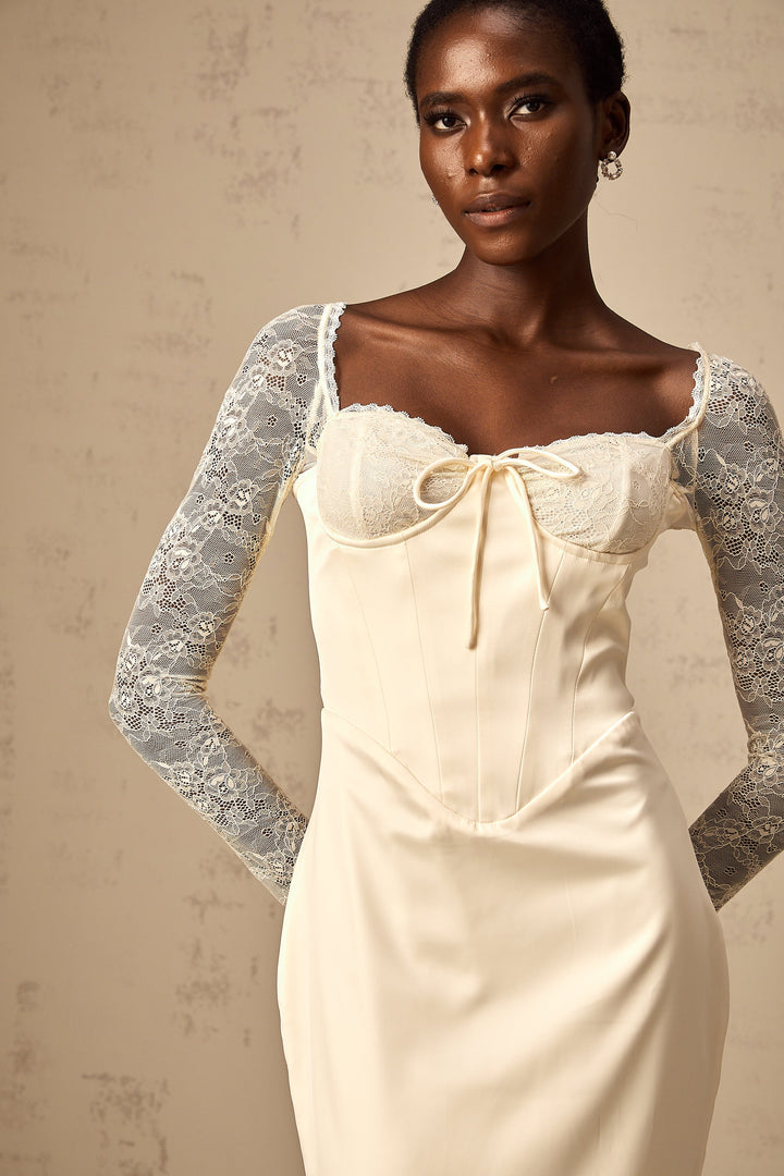 Levoire | Robe Midi En Satin Blanc Avec Panneaux En Dentelle
