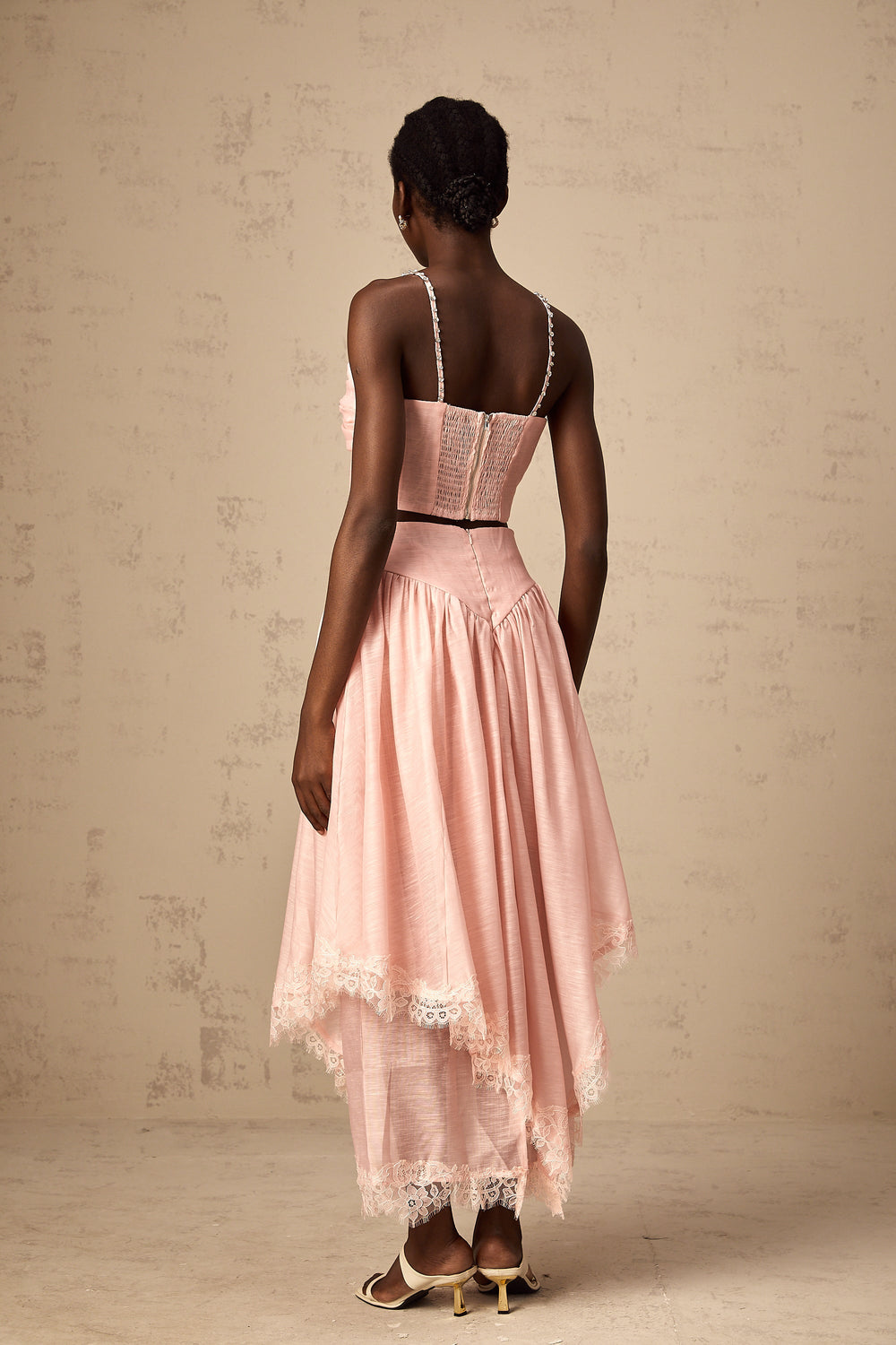 Levoire | Haut Asymétrique Volant Rose & Jupe Ensemble Assorti