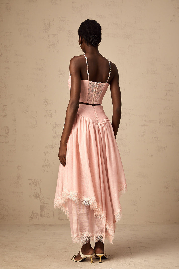 Levoire | Haut Asymétrique Volant Rose & Jupe Ensemble Assorti