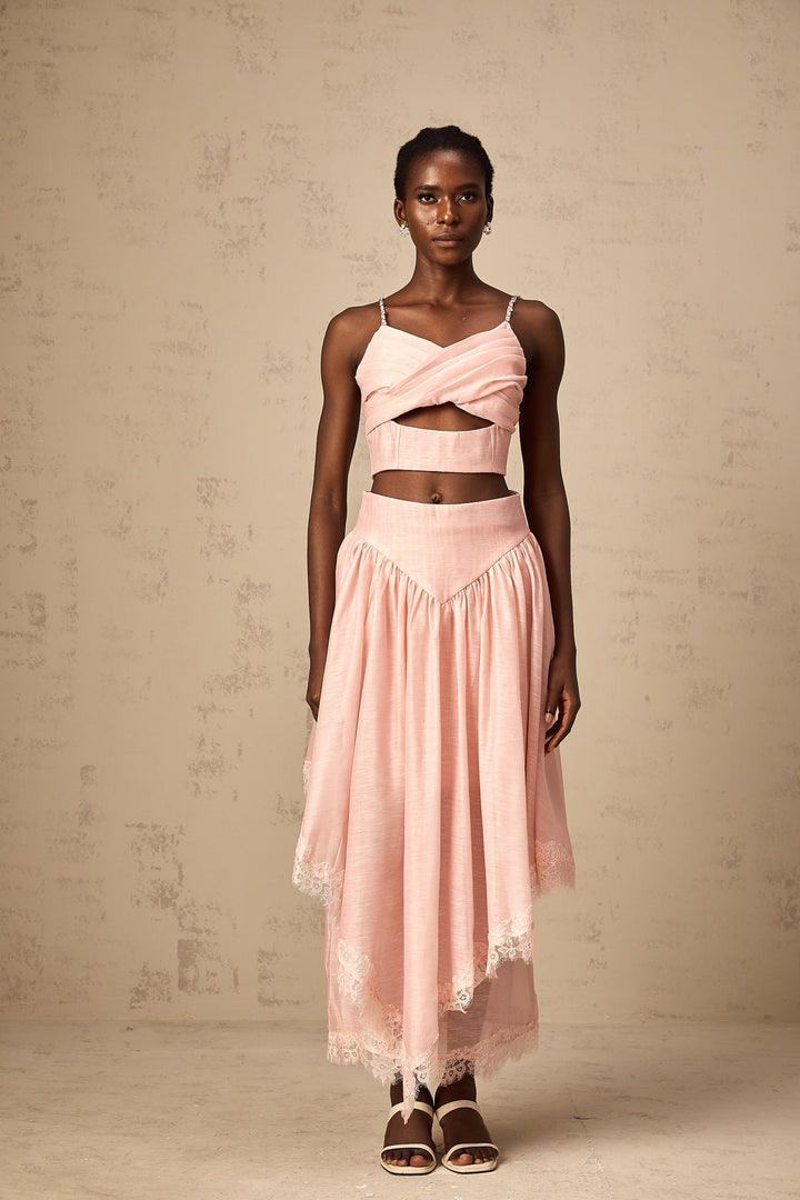 Levoire | Haut Asymétrique Volant Rose & Jupe Ensemble Assorti
