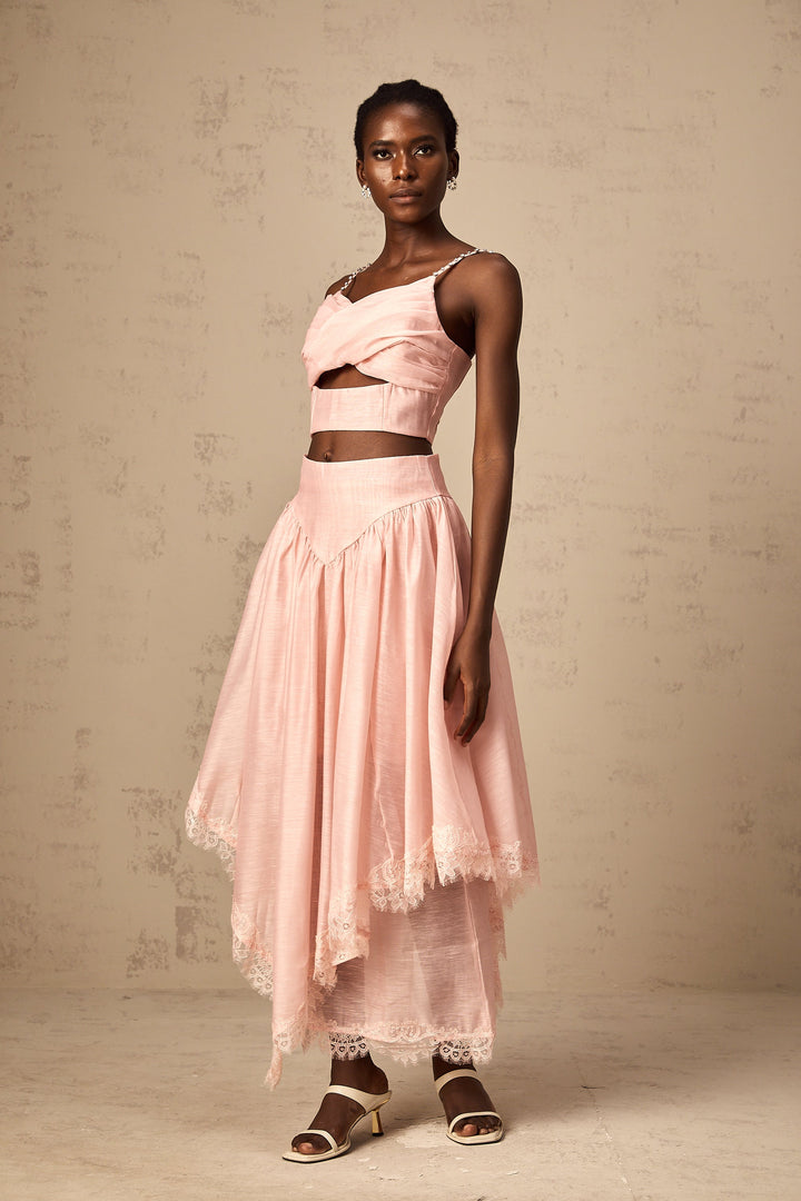 Levoire | Haut Asymétrique Volant Rose & Jupe Ensemble Assorti