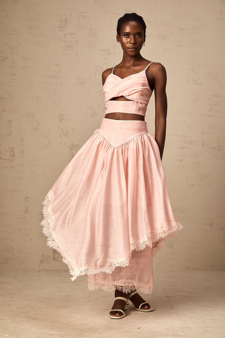 Levoire | Haut Asymétrique Volant Rose & Jupe Ensemble Assorti
