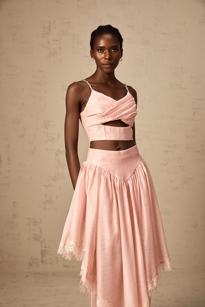 Levoire | Haut Asymétrique Volant Rose & Jupe Ensemble Assorti