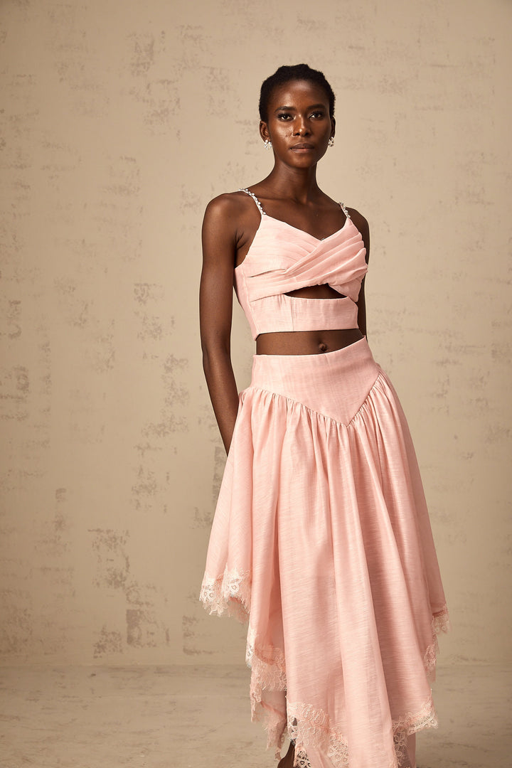 Levoire | Haut Asymétrique Volant Rose & Jupe Ensemble Assorti