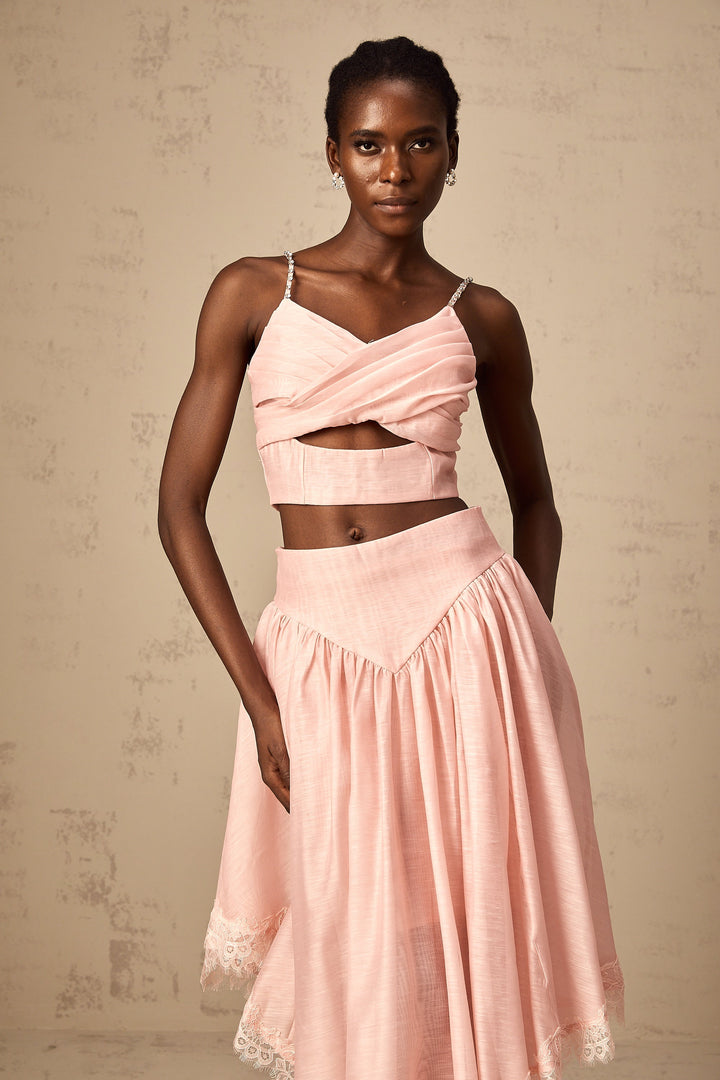 Levoire | Haut Asymétrique Volant Rose & Jupe Ensemble Assorti