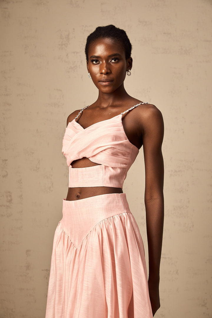 Levoire | Haut Asymétrique Volant Rose & Jupe Ensemble Assorti