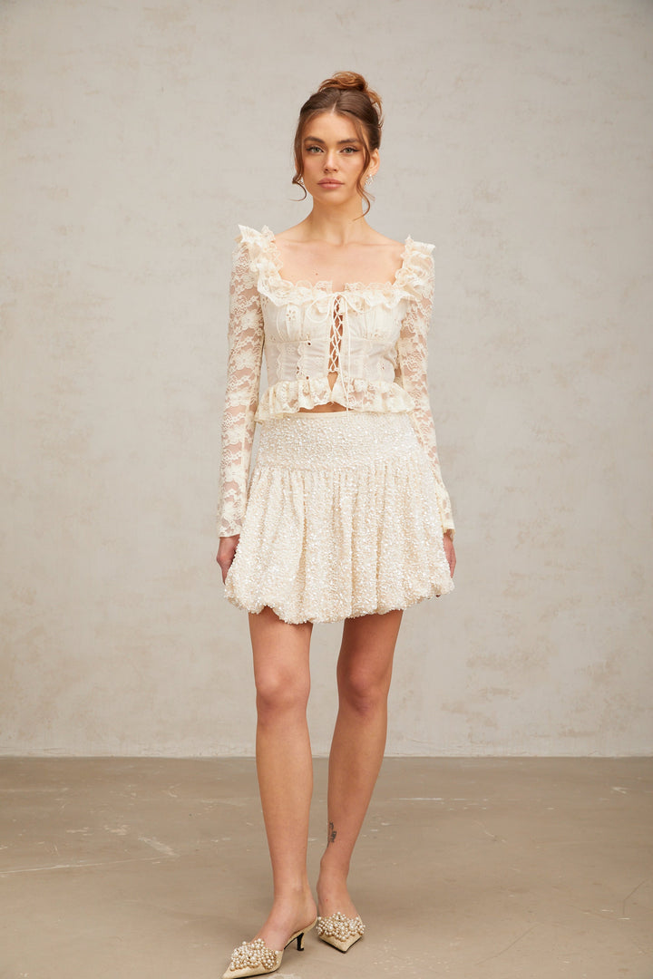 Levoire | Blanc Off Fleurs Dentelle Volant Chemisier