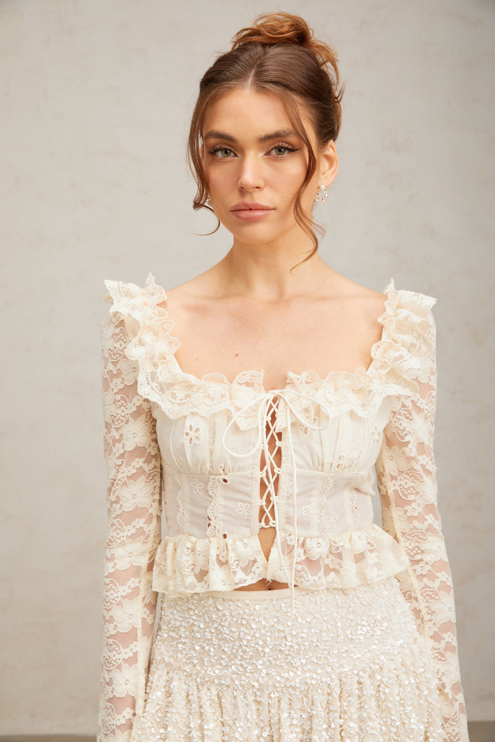 Levoire | Blanc Off Fleurs Dentelle Volant Chemisier