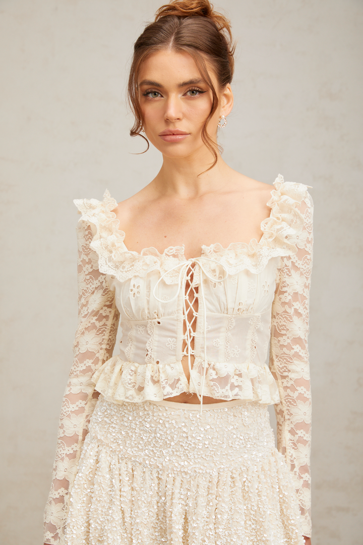 Levoire | Blanc Off Fleurs Dentelle Volant Chemisier