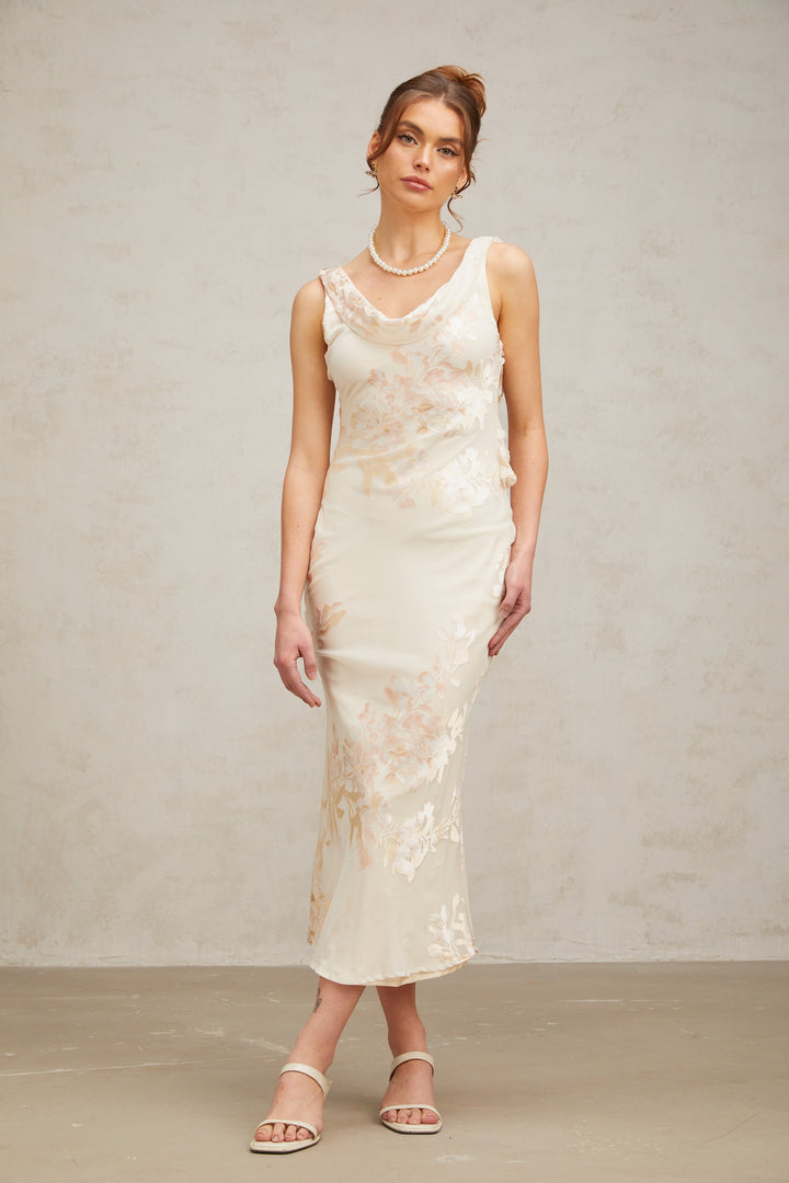 Levoire | Robe Midi Jacquard Floral Beige