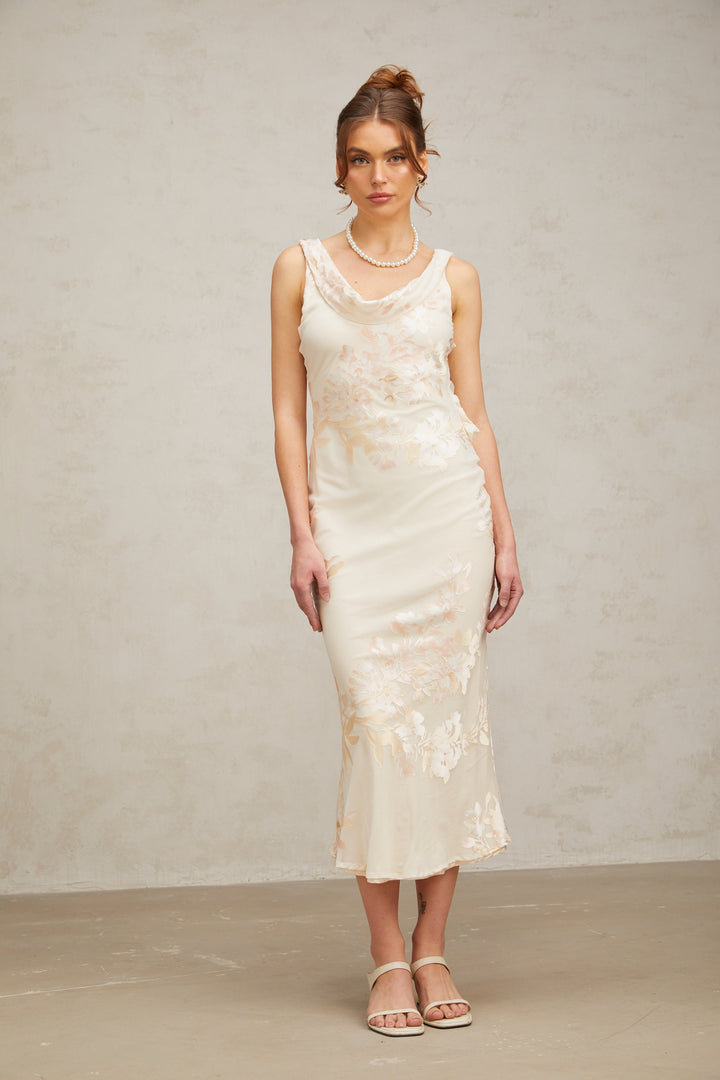 Levoire | Robe Midi Jacquard Floral Beige
