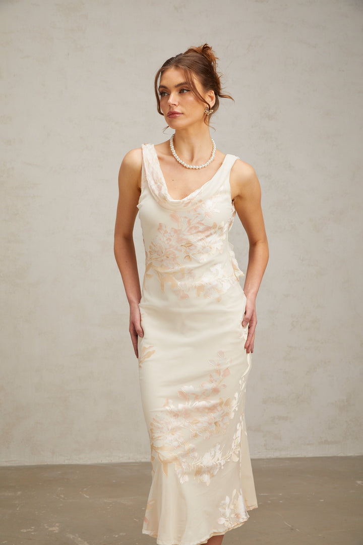 Levoire | Robe Midi Jacquard Floral Beige