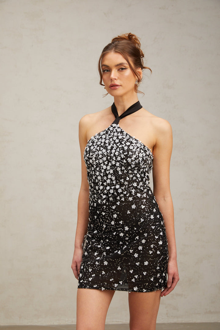 Levoire | Robe Mini À Fleurs Noir Avec Collier