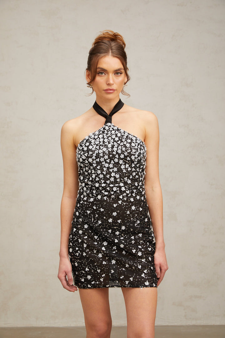 Levoire | Robe Mini À Fleurs Noir Avec Collier