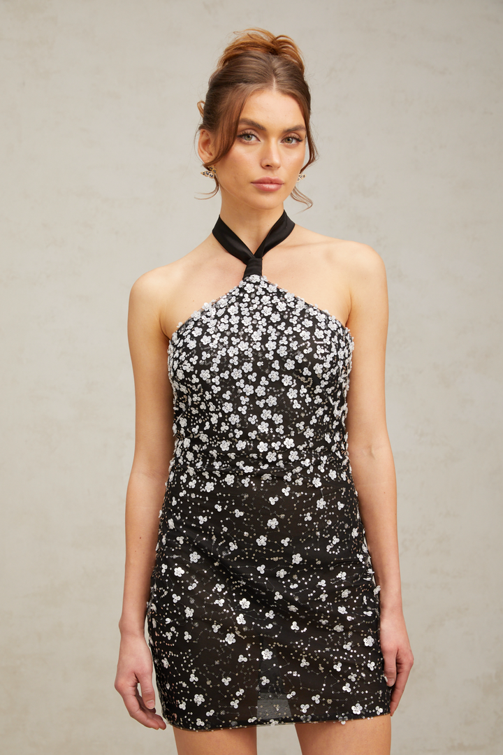 Levoire | Robe Mini À Fleurs Noir Avec Collier