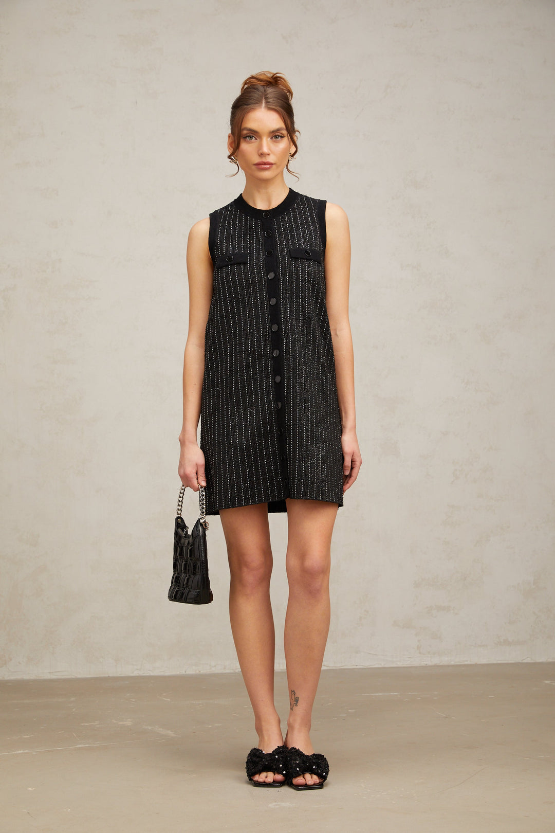 Levoire | Noir Rayé Vertical Paillettes Tricot Mini Robe