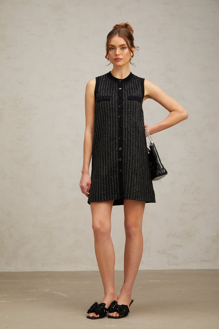 Levoire | Noir Rayé Vertical Paillettes Tricot Mini Robe
