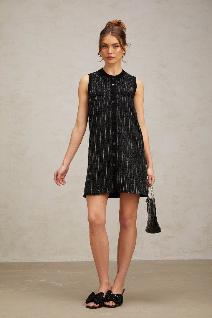 Levoire | Noir Rayé Vertical Paillettes Tricot Mini Robe