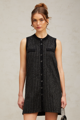 Levoire | Noir Rayé Vertical Paillettes Tricot Mini Robe