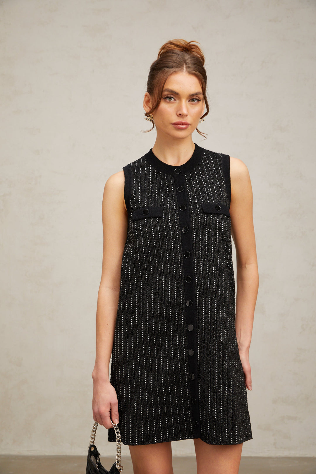 Levoire | Noir Rayé Vertical Paillettes Tricot Mini Robe