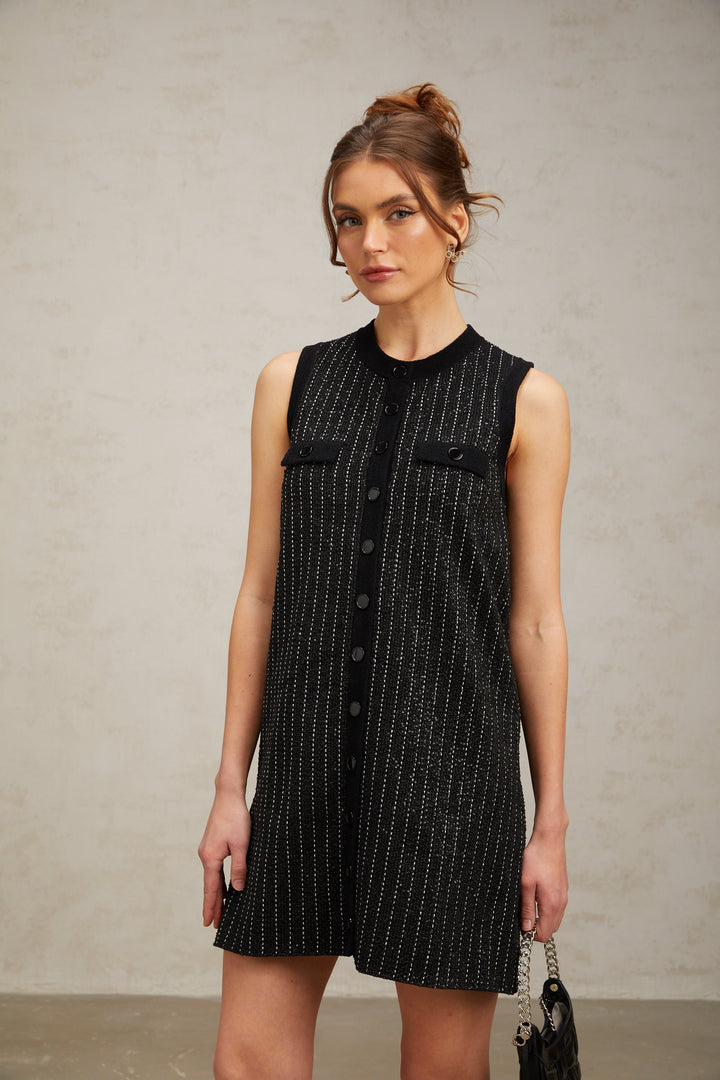 Levoire | Noir Rayé Vertical Paillettes Tricot Mini Robe