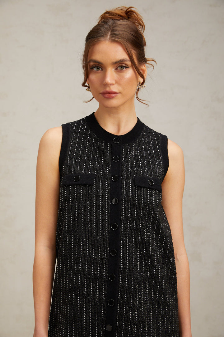 Levoire | Noir Rayé Vertical Paillettes Tricot Mini Robe