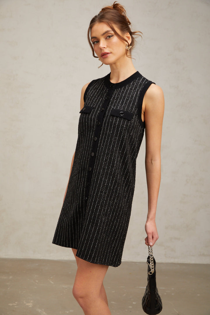 Levoire | Noir Rayé Vertical Paillettes Tricot Mini Robe
