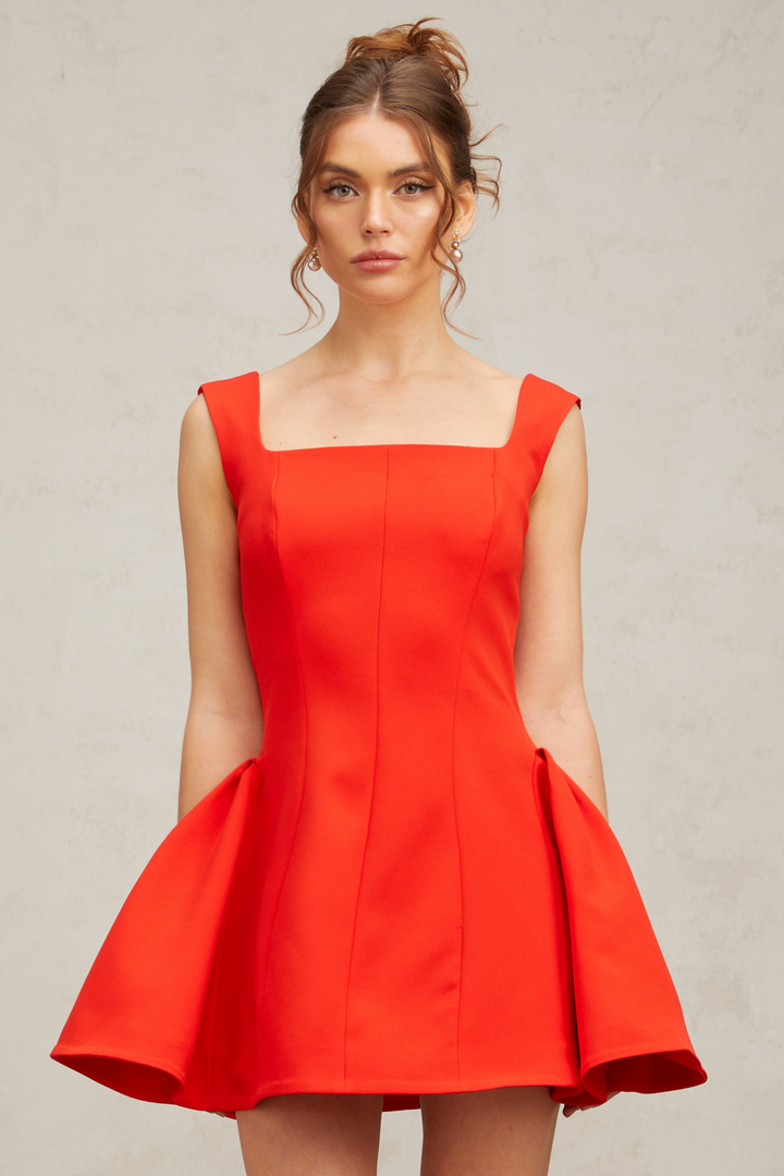 Levoire | Col Carré Robe Mini Bouffante Rouge