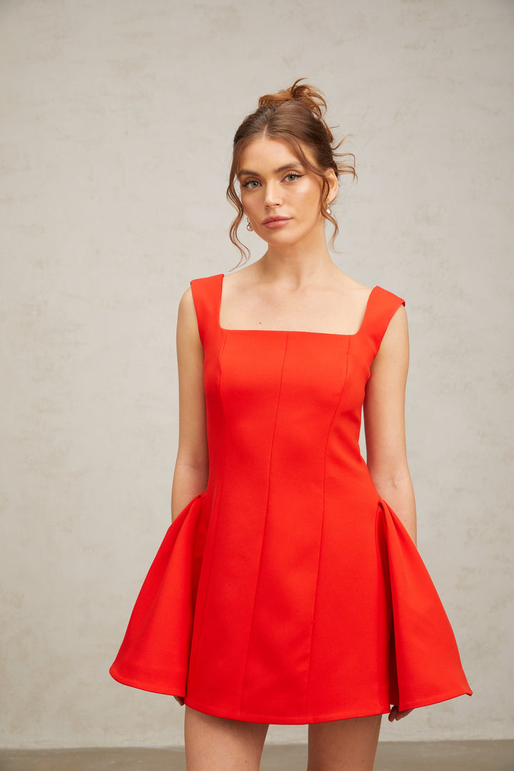 Levoire | Col Carré Robe Mini Bouffante Rouge