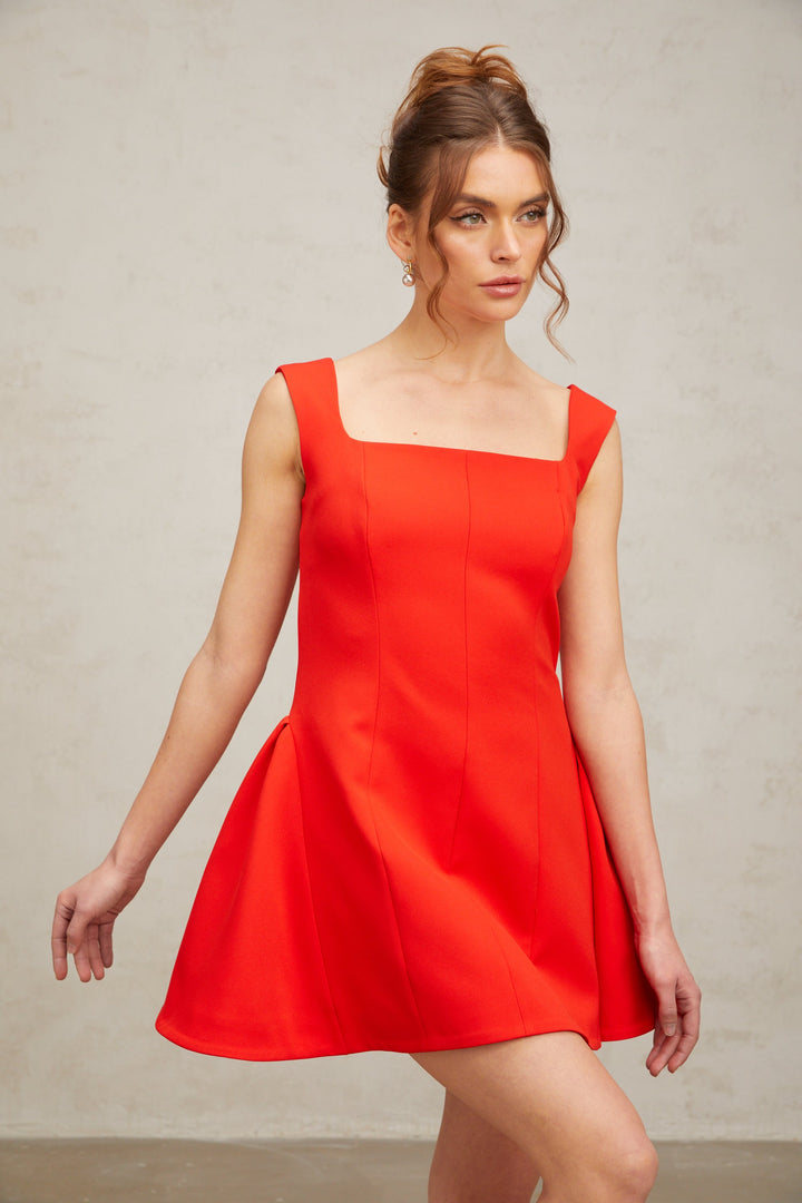 Levoire | Col Carré Robe Mini Bouffante Rouge