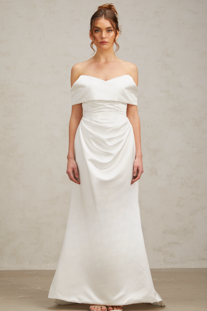 Levoire | Robe Maxi Satin Off-Shoulder Ruffles Blanche