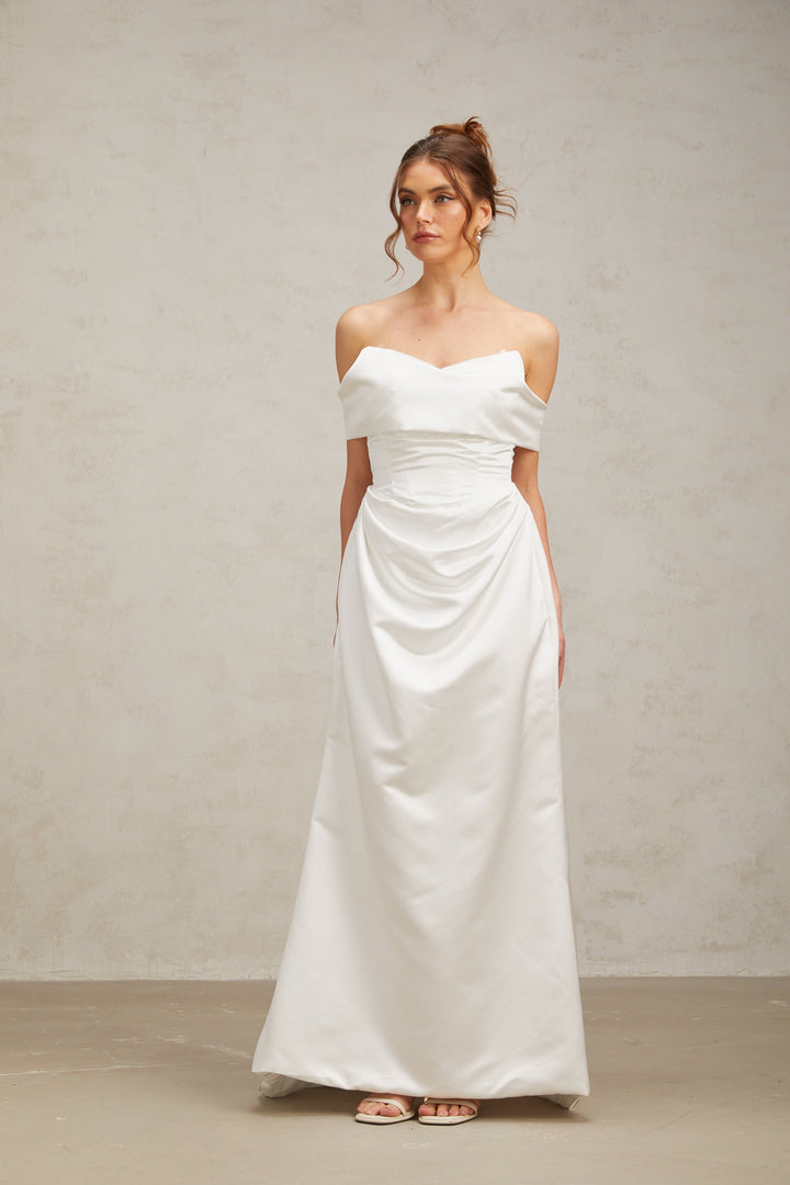 Levoire | Robe Maxi Satin Off-Shoulder Ruffles Blanche