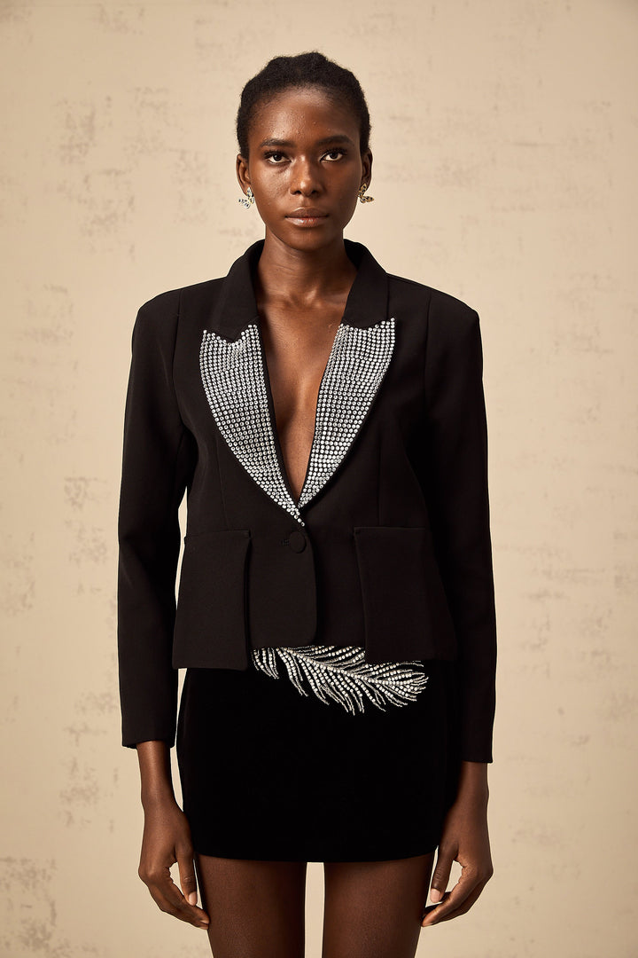 Levoire | Veste Bleue À Col V Ornée De Cristaux Noirs