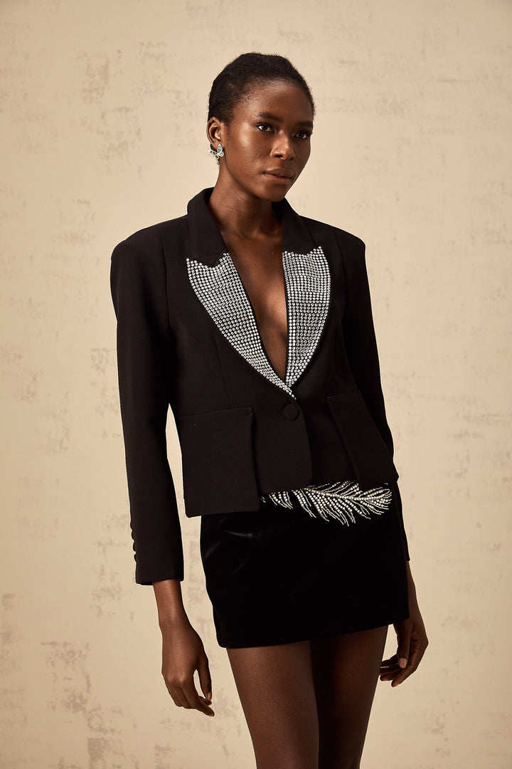 Levoire | Veste Bleue À Col V Ornée De Cristaux Noirs